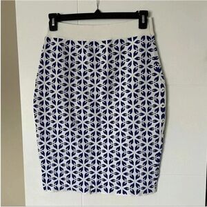 XL Brixon Ivy Blue and White Printed Fitted Pencil Skirt